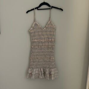 Olivaceous smocked cream plaid mini dress